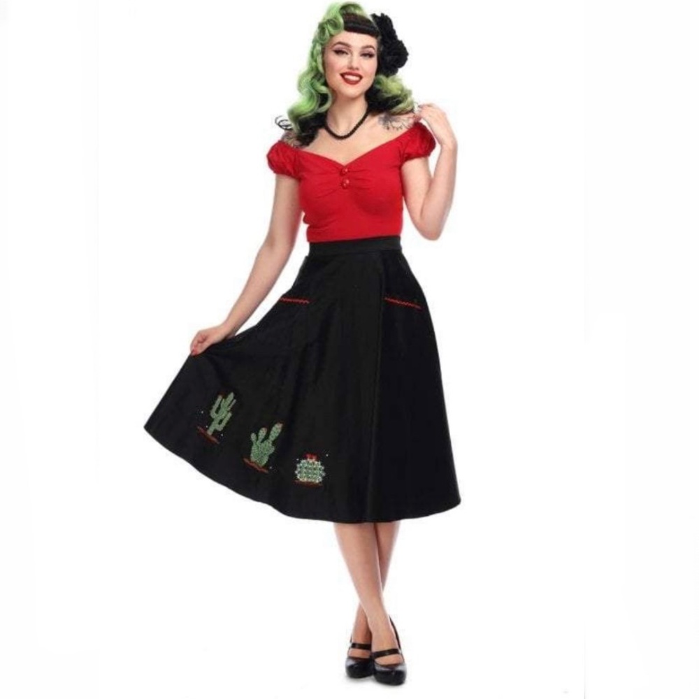 Collectif Black A-Line Skirt with Cactus Embroidery